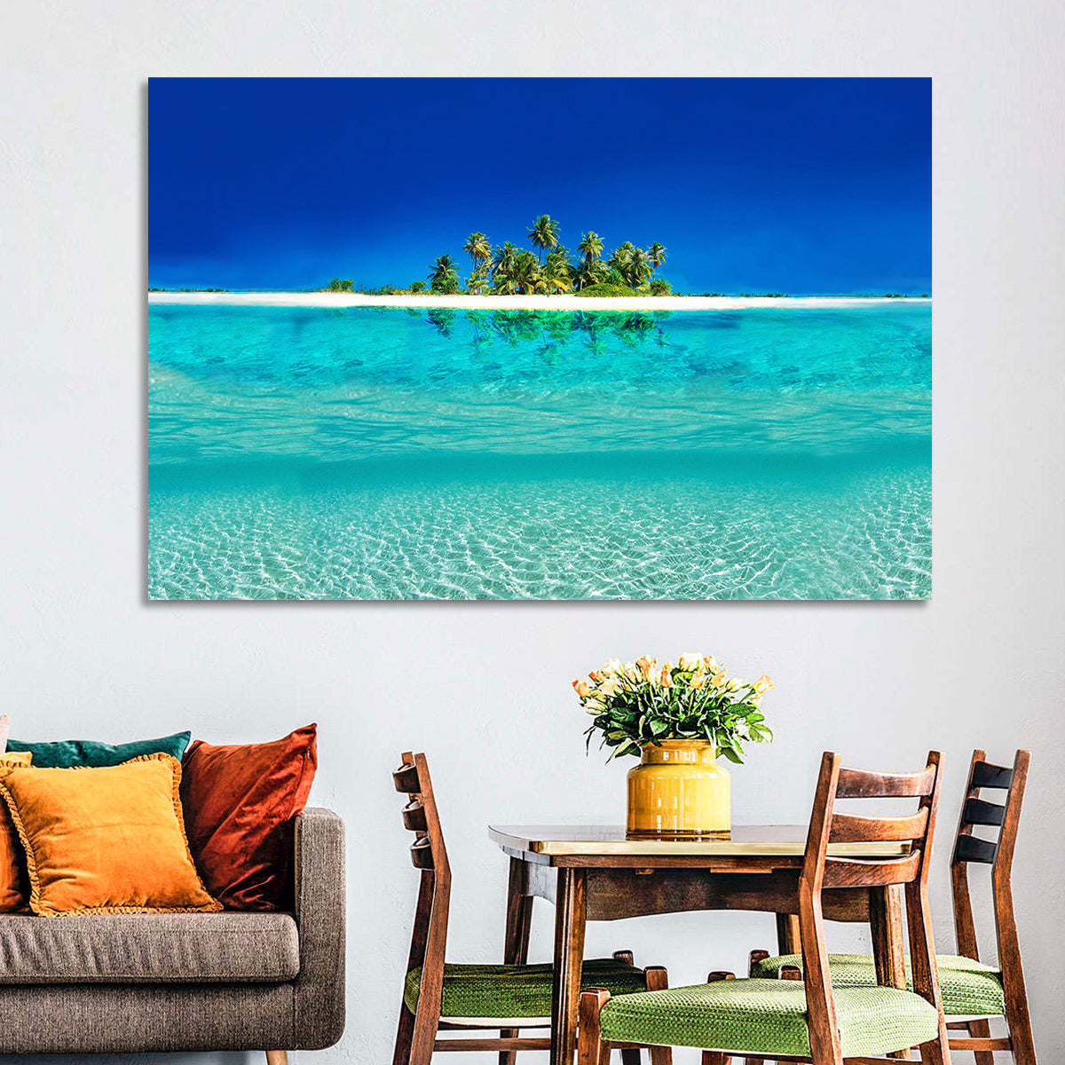 Tranquil Split-level Tropical Island Seascape Wall Art in a room, landscape