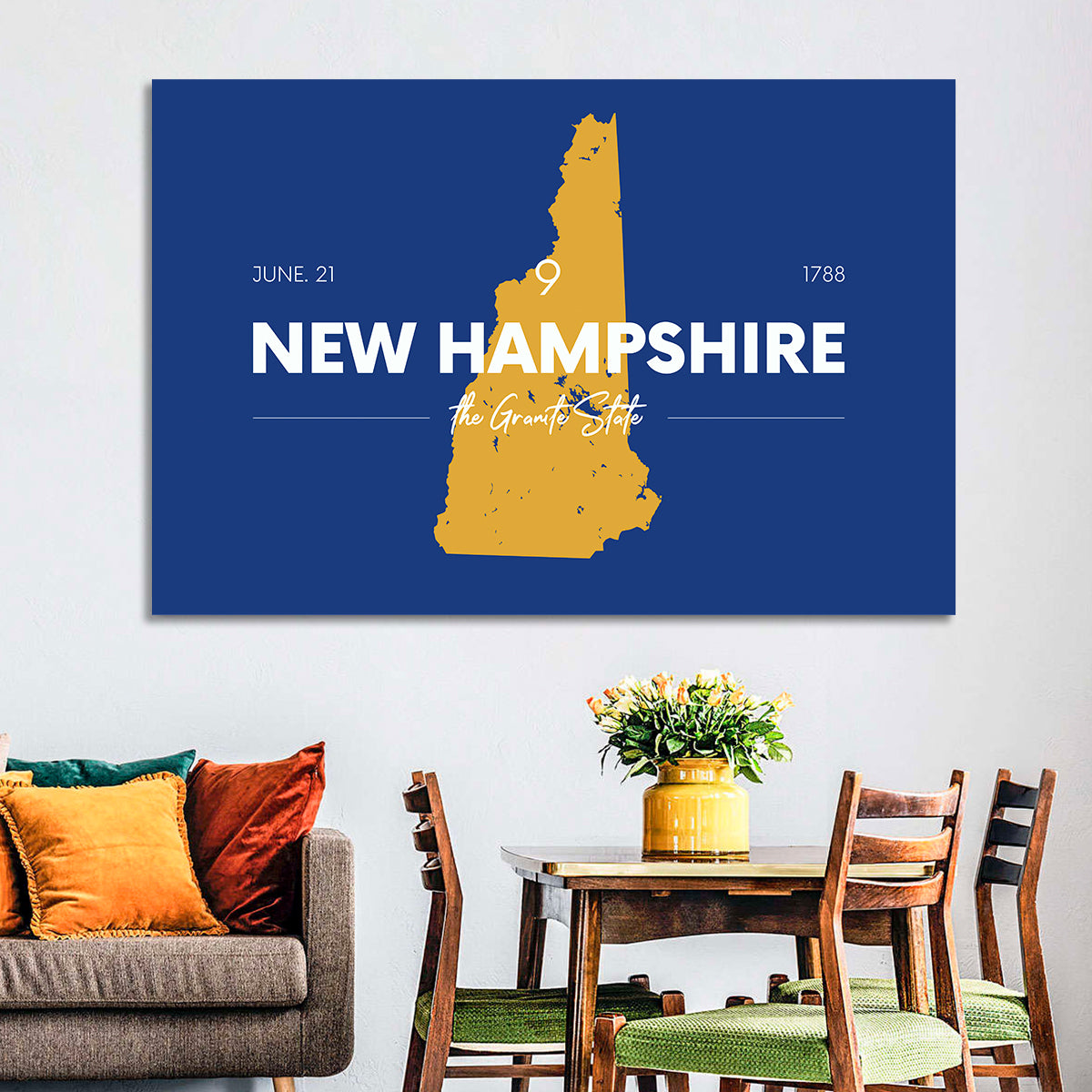 New Hampshire State Map, Blue and Gold Wall Art in a room, landscape