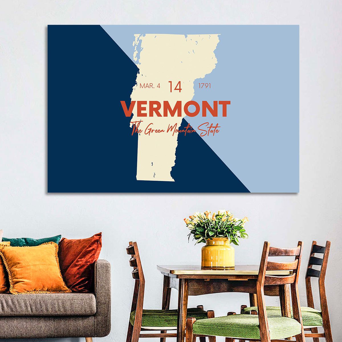 Vermont Map, Green Mountain State Wall Art in a room, landscape