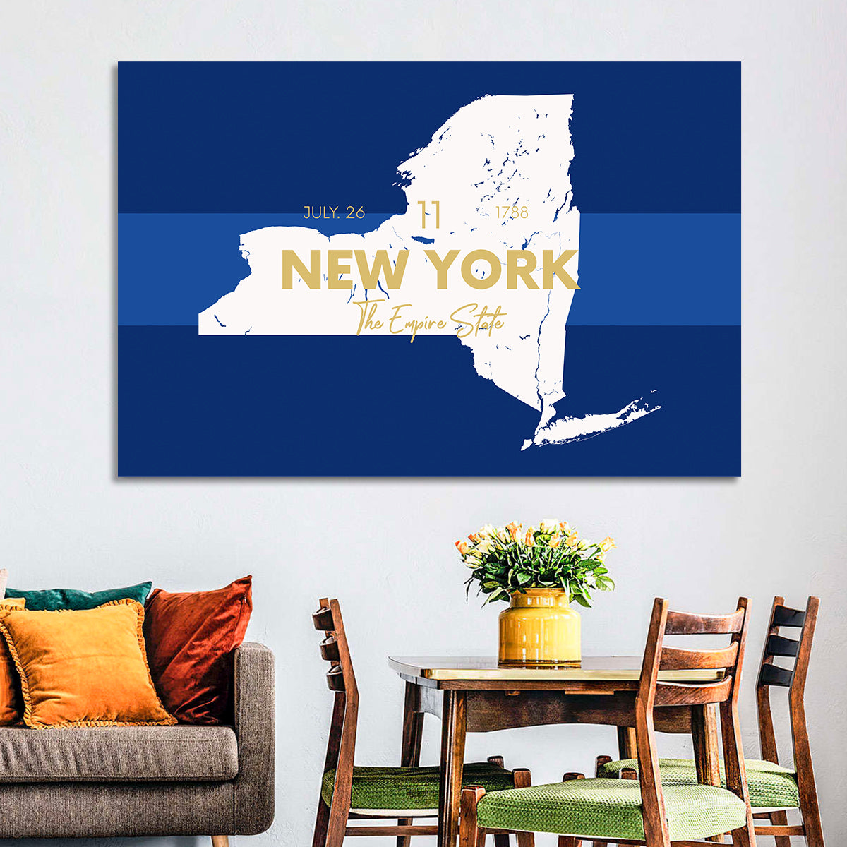 New York State Typographic Map Wall Art in a room, landscape