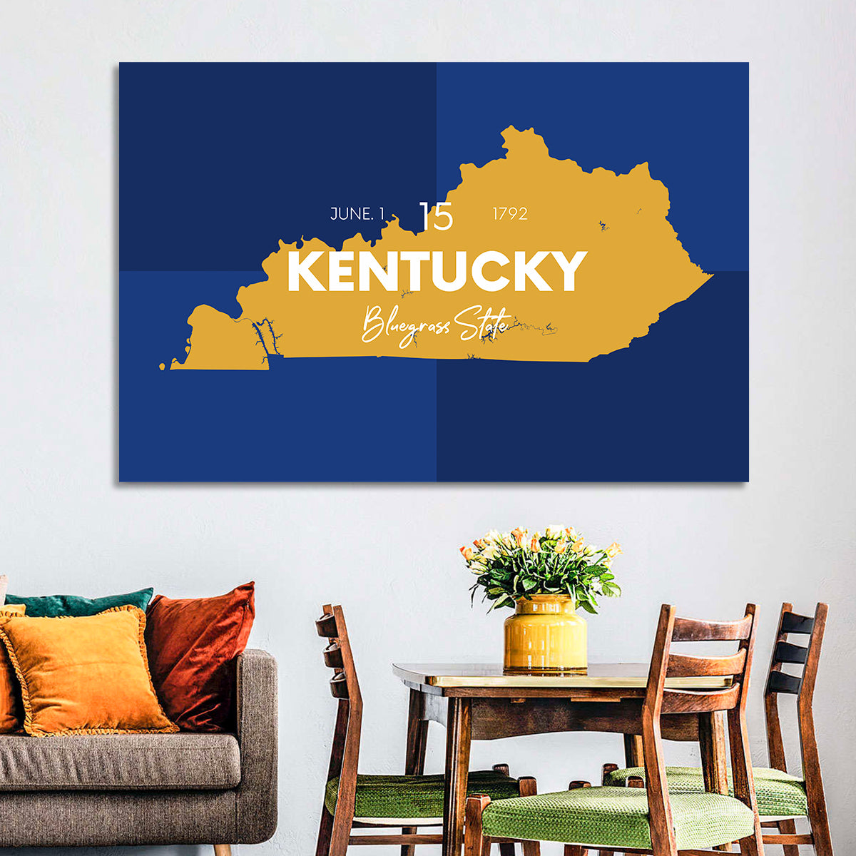 Blue and Gold Kentucky Map Wall Art in a room, landscape