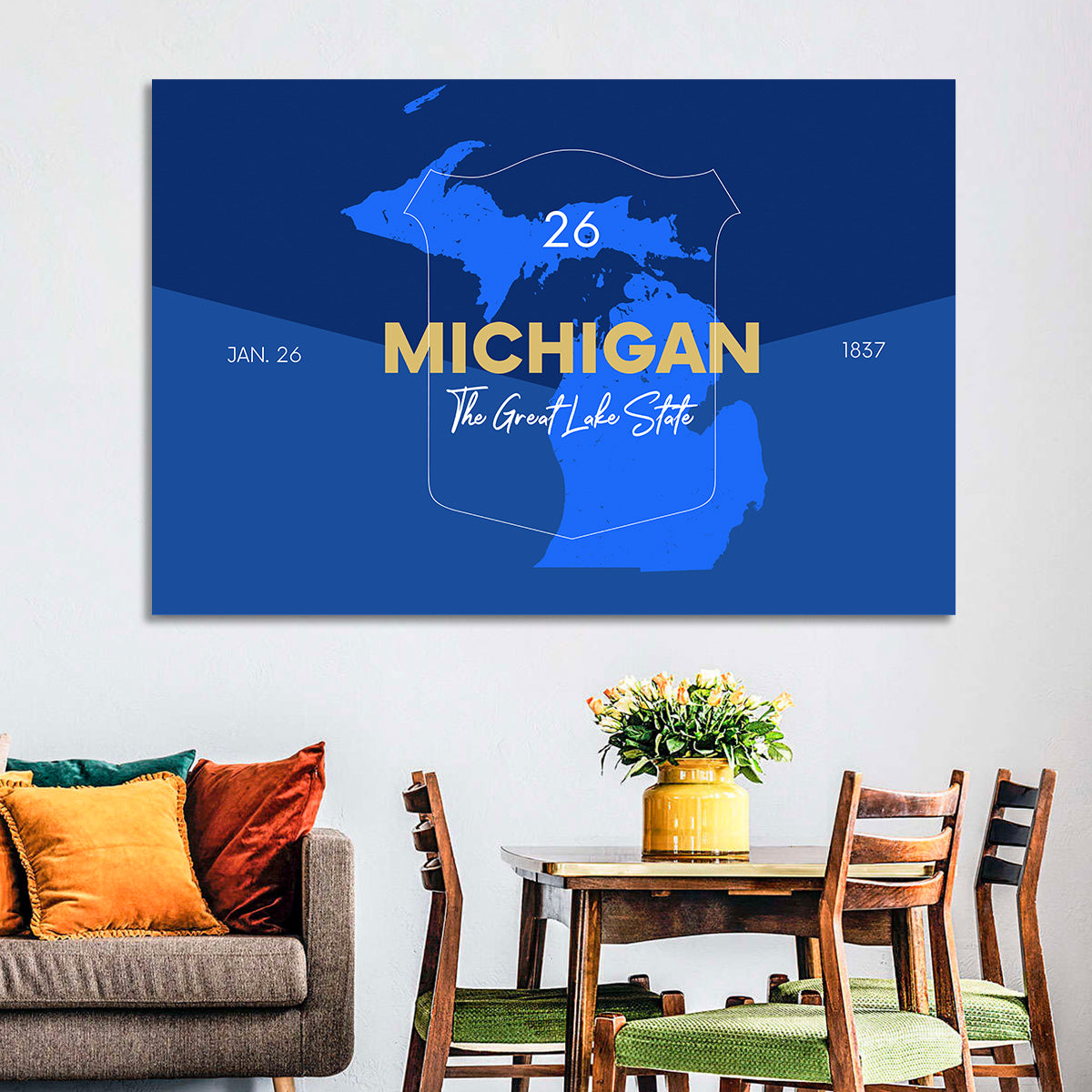 Michigan Shield Map Graphic Wall Art in a room, landscape