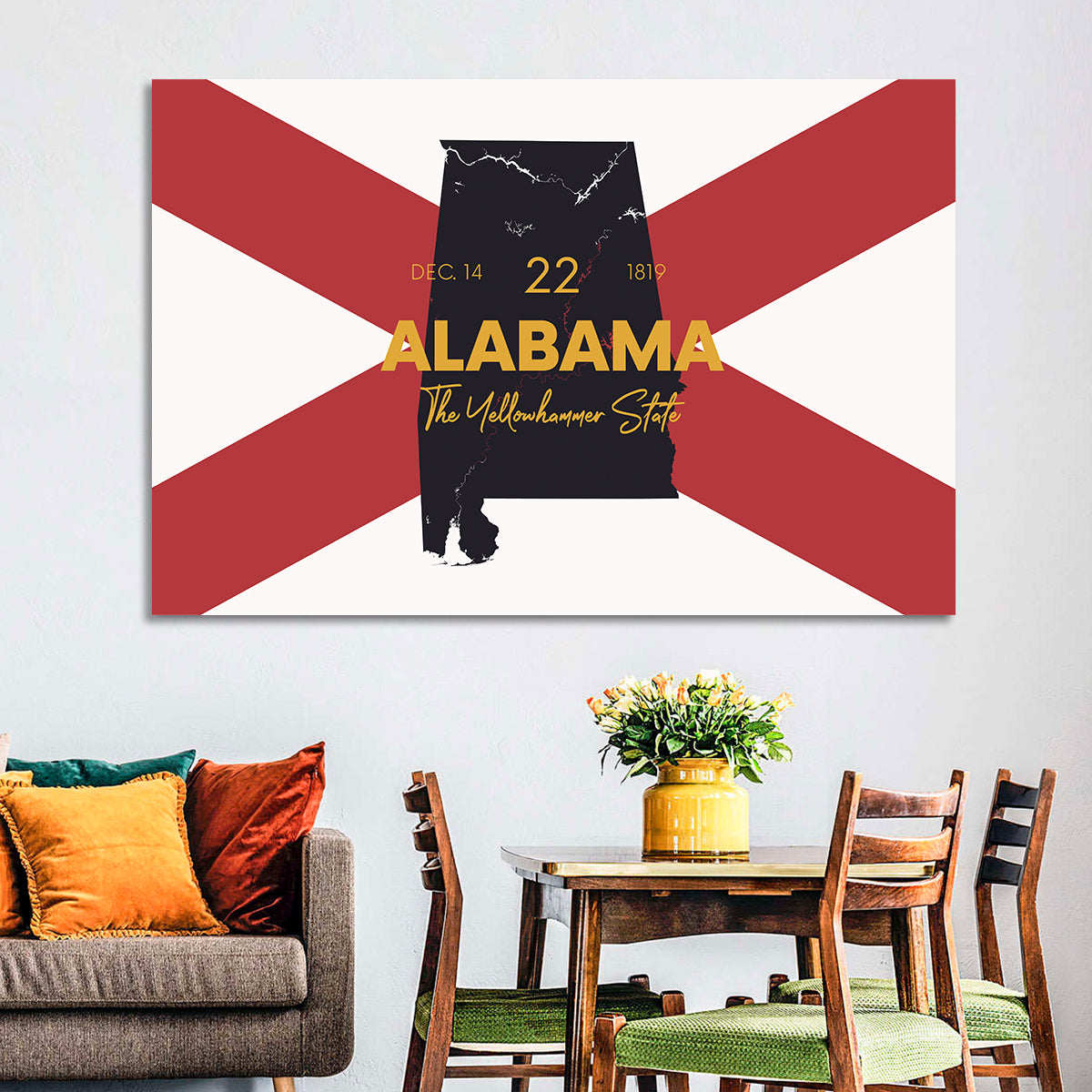 Alabama Map Over State Flag Wall Art