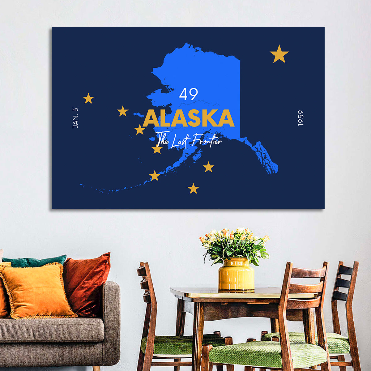 Alaska Map with Gold Stars Wall Art in a room, landscape