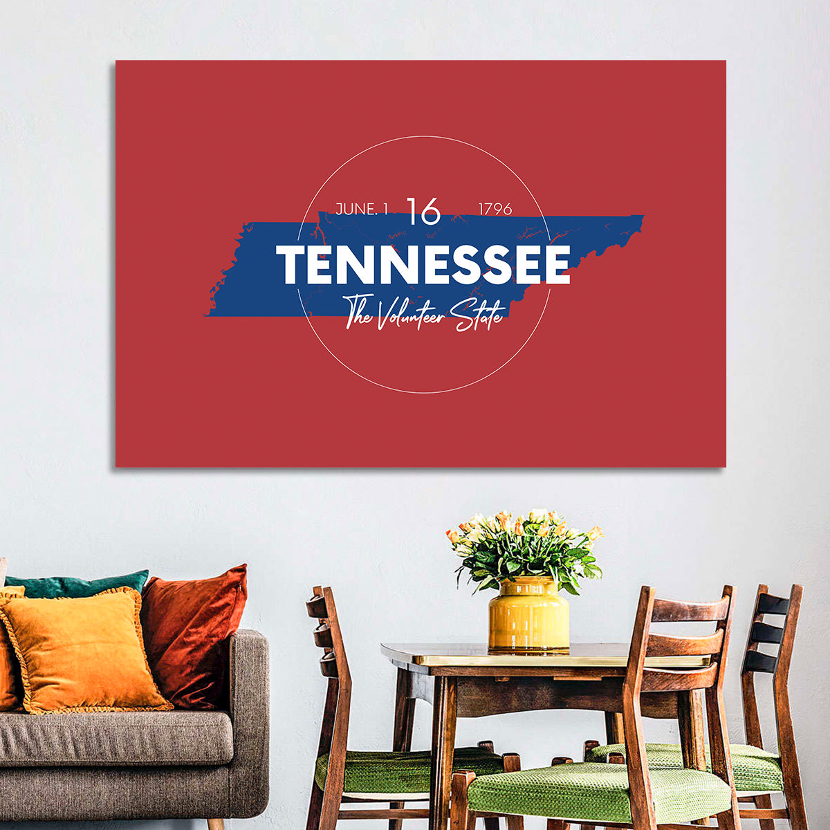 Tennessee Typographic Map Wall Art in a room, landscape