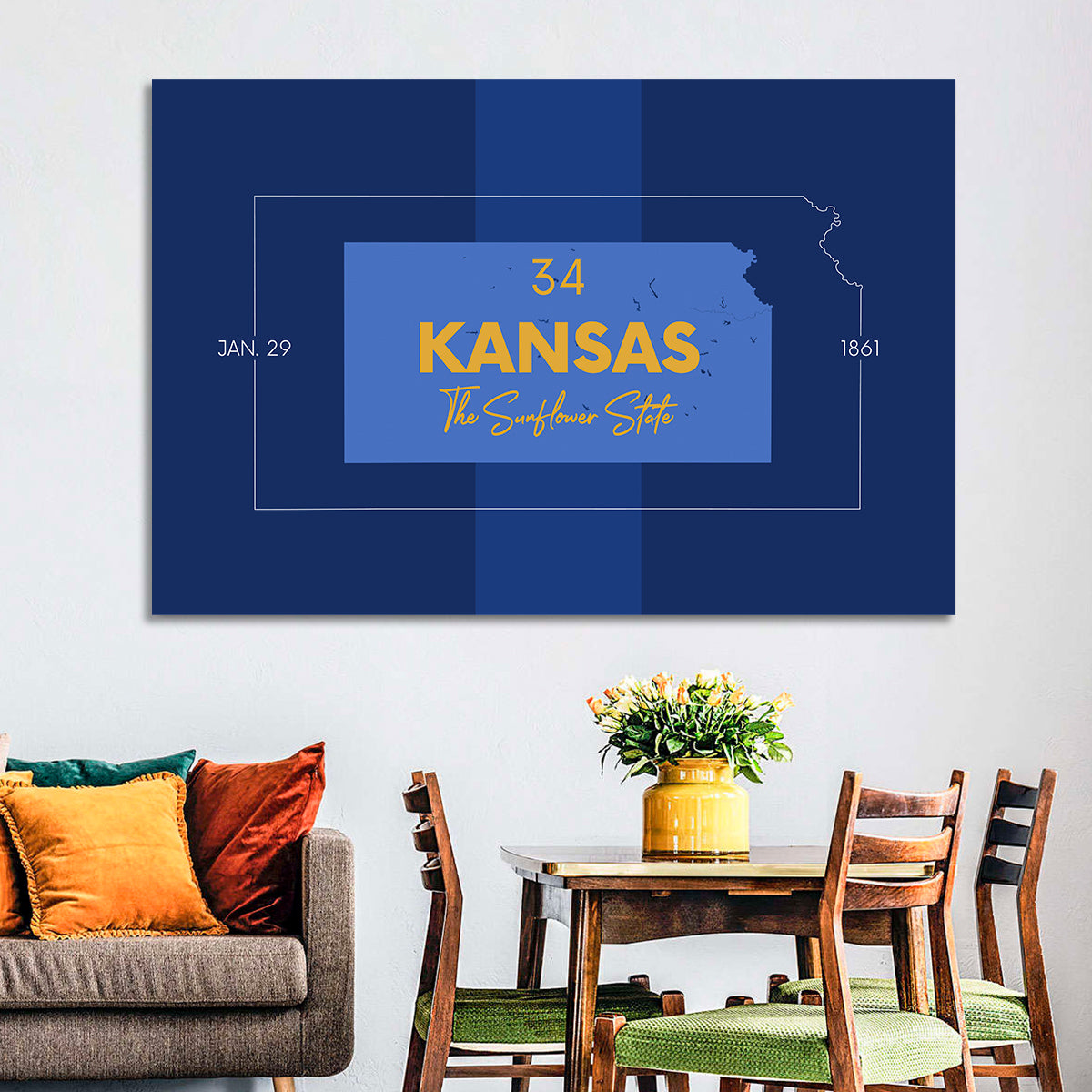Kansas Typographic Map, Blue and Gold Wall Art