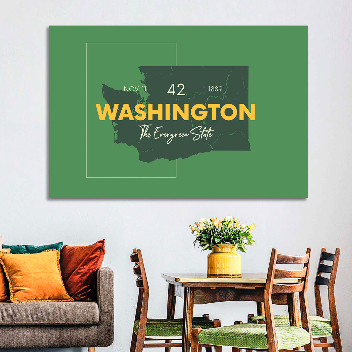 Minimalist Washington State Map Wall Art in a room, landscape