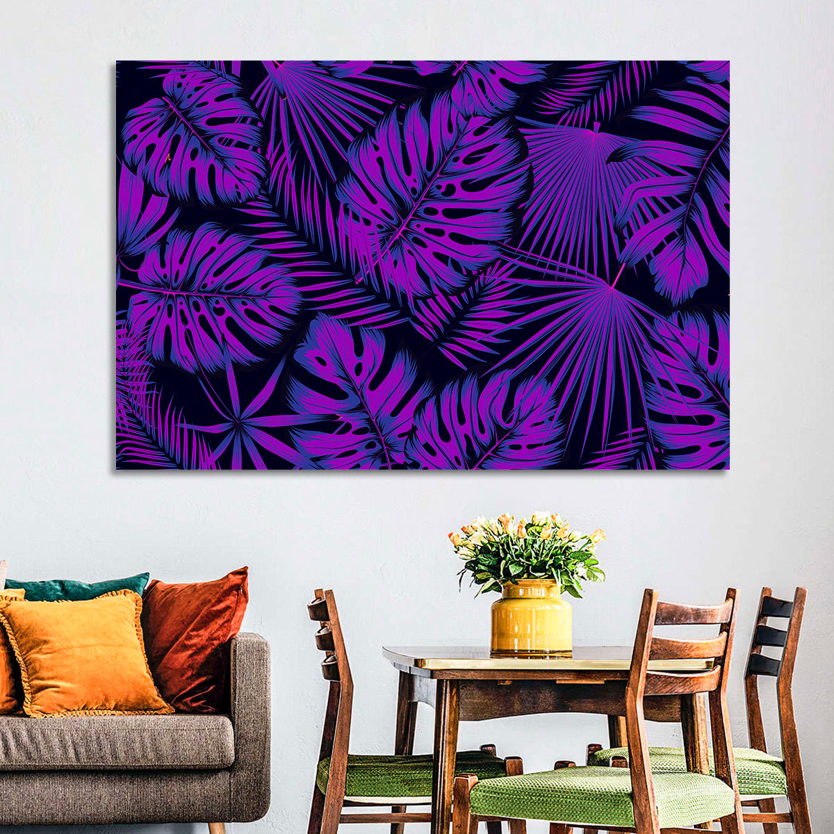 Violet Tropical Leaves Wall Art in a room, landscape
