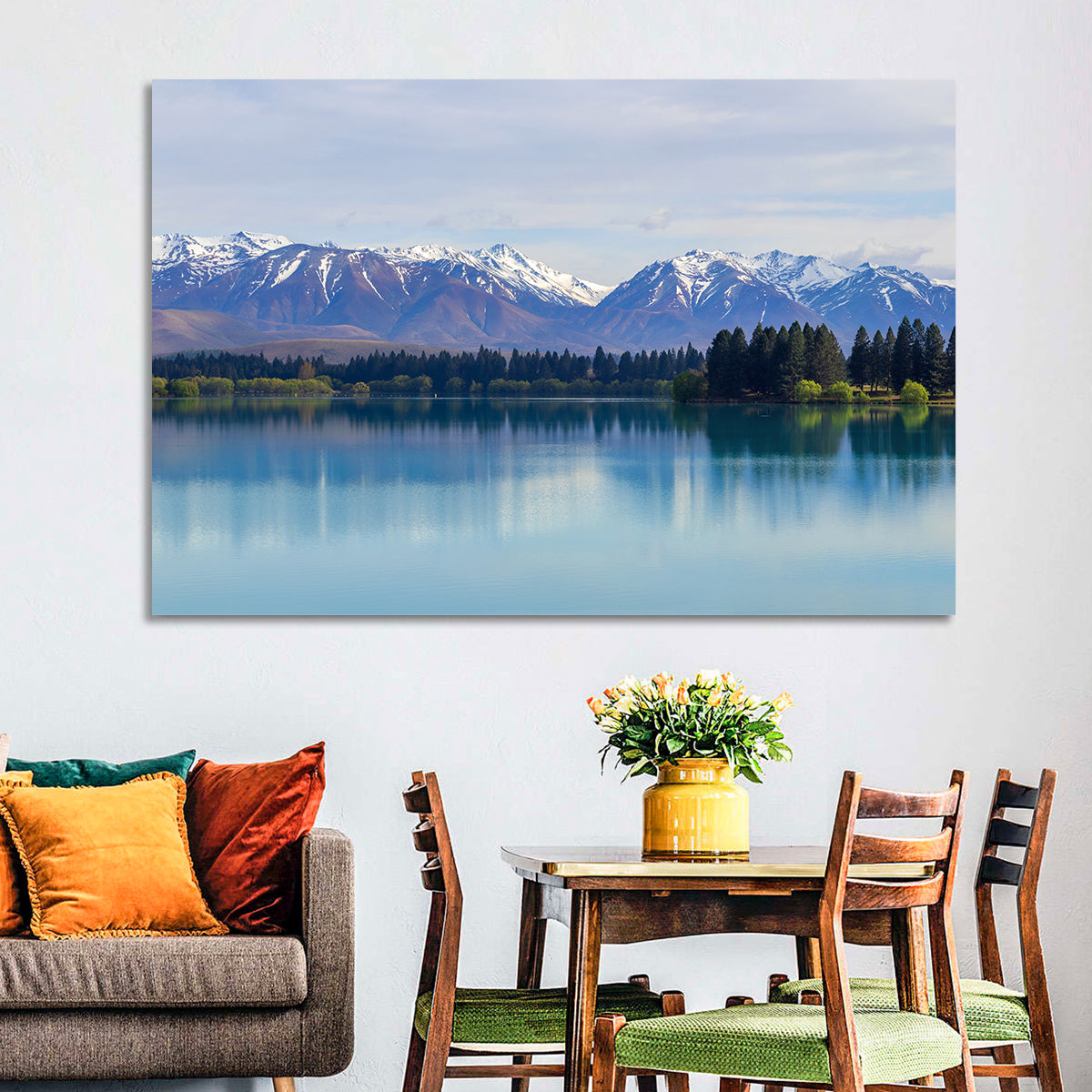 Lake Ruataniwha Reflection Wall Art in a room, landscape