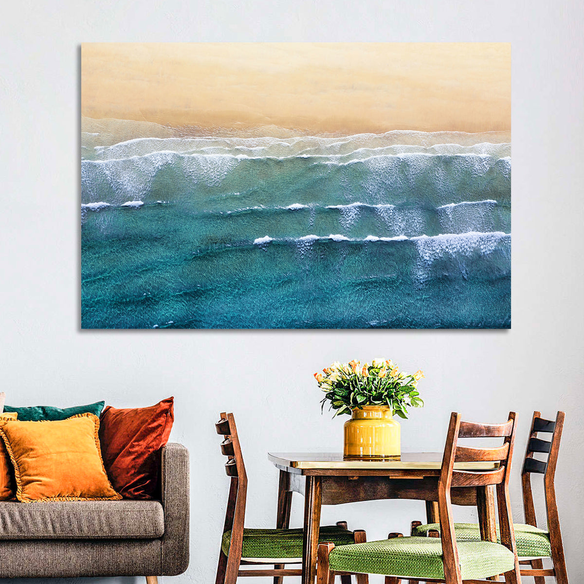 Calm Turquoise Beachscape Wall Art in a room, landscape
