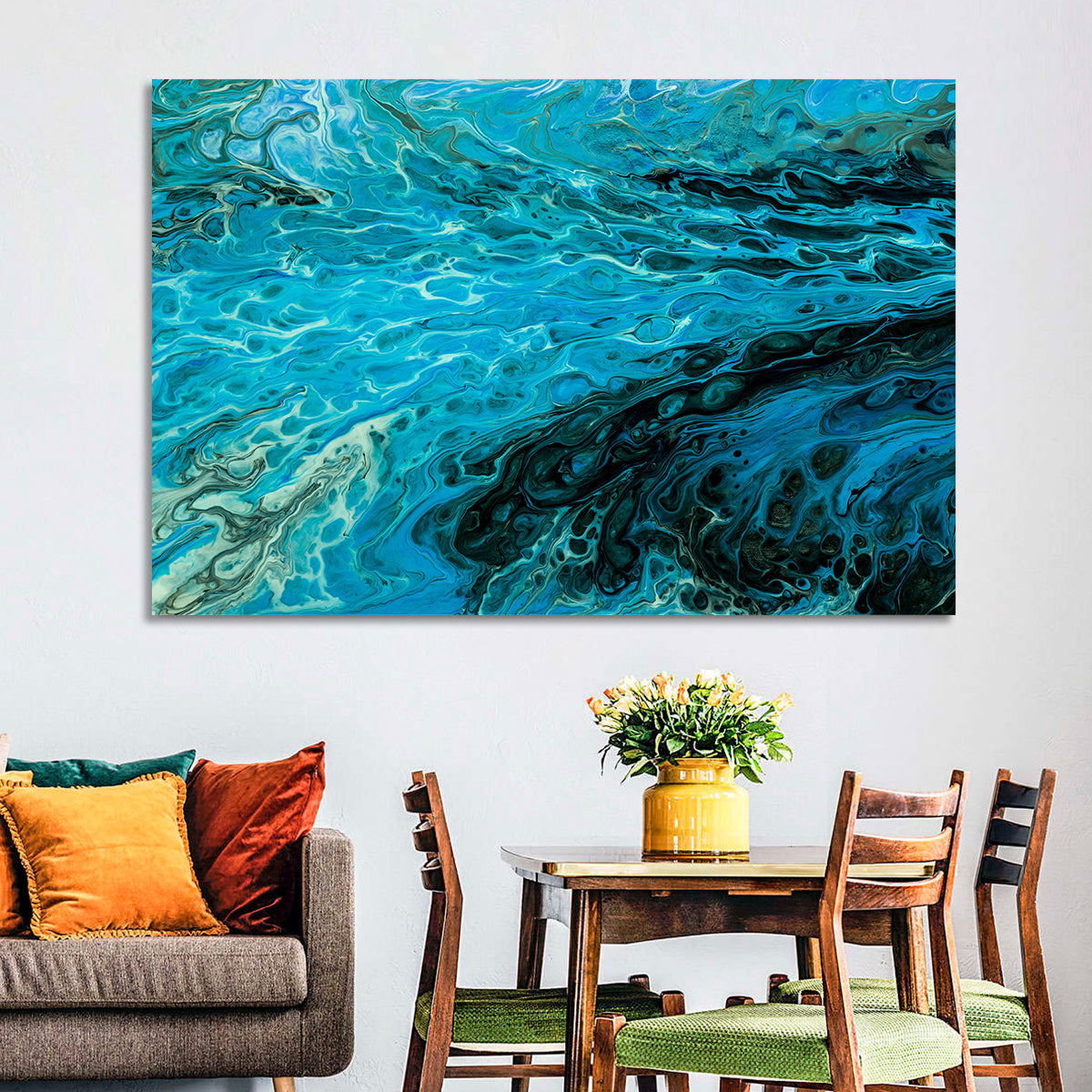 Liquid Marble Blue Abstract Wall Art in a room, landscape
