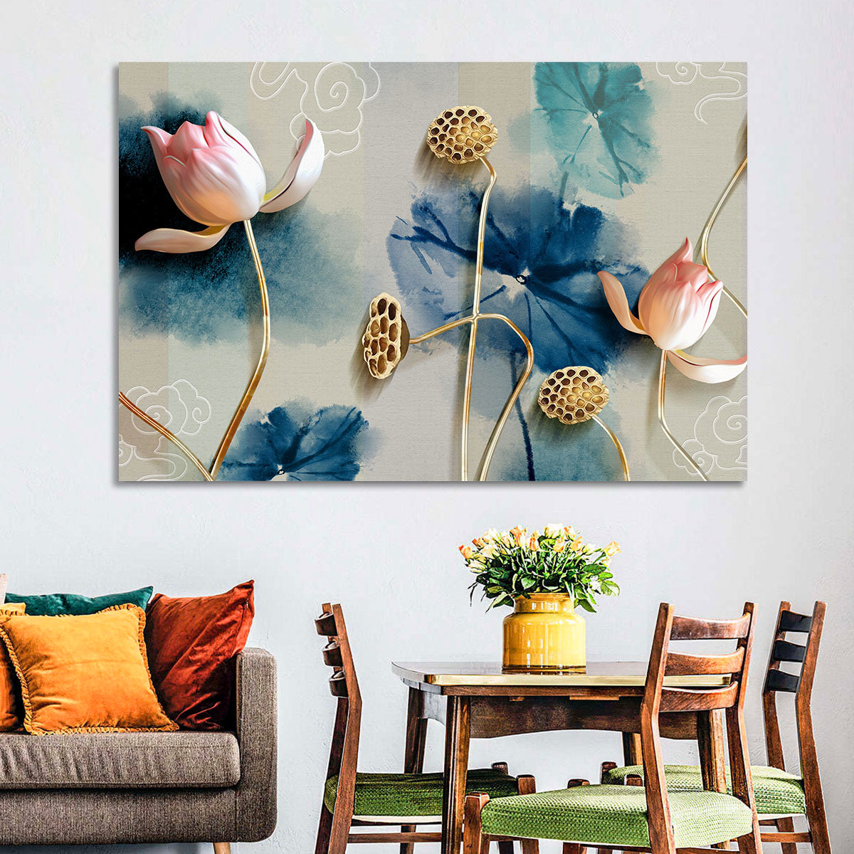 Blue Lotus Botanical Backdrop Wall Art in a room, landscape