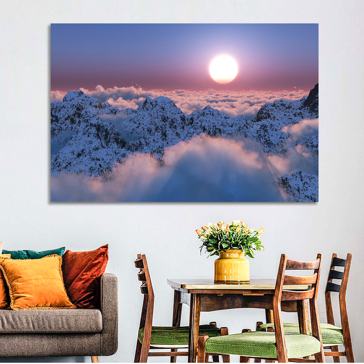 Sunset Above Snowy Mountains Wall Art in a room, landscape