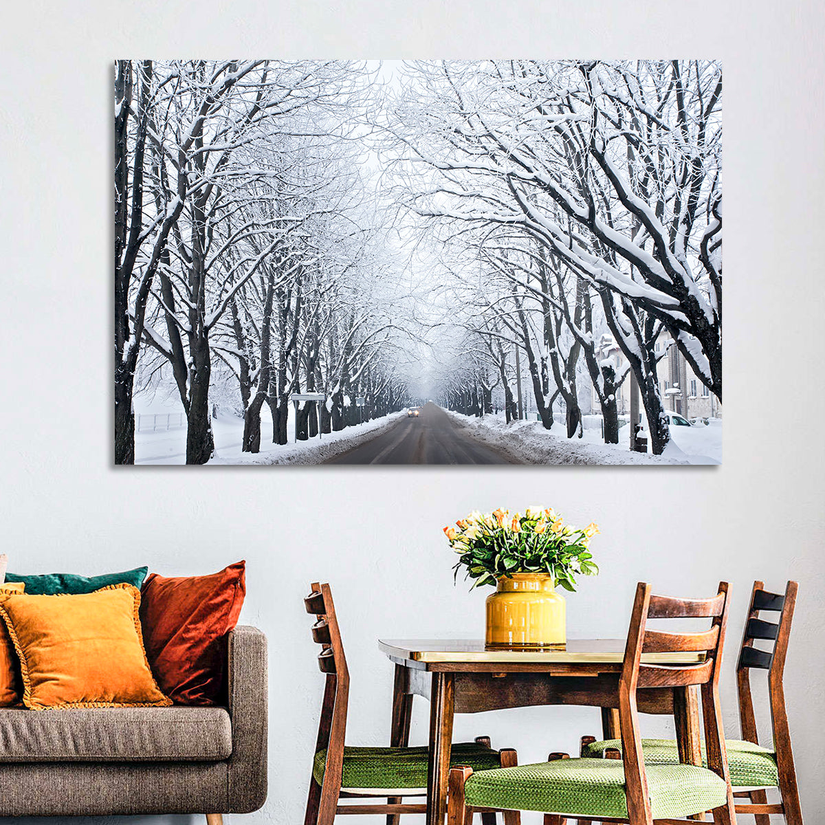 Snowy Road with Distant Headlights Wall Art