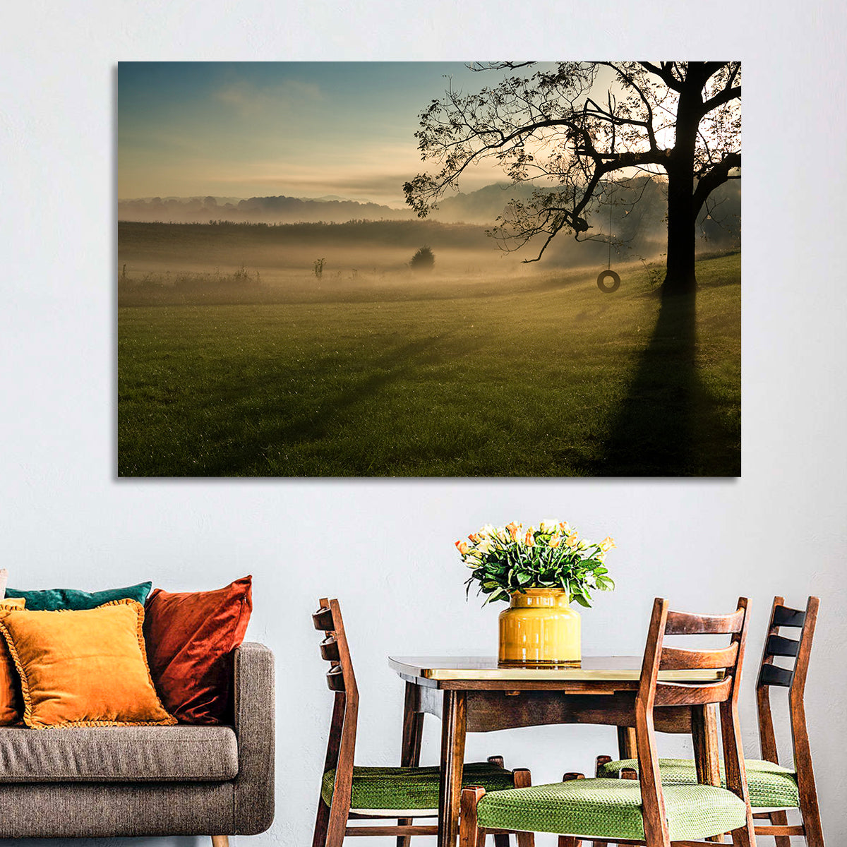 Tire Swing in Morning Mist Wall Art in a room, landscape