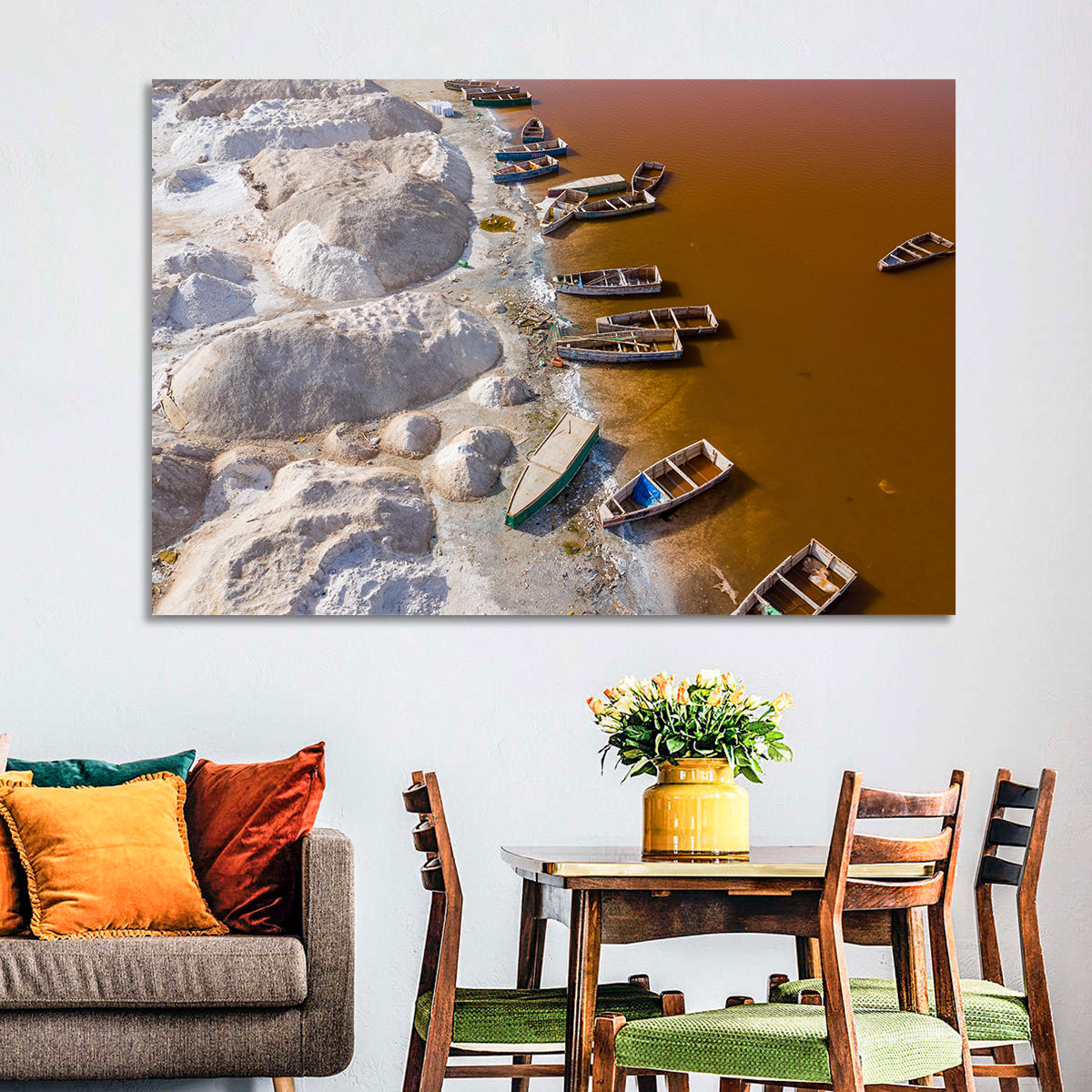 Lac Rose Boats and Salt Mounds Wall Art in a room, landscape