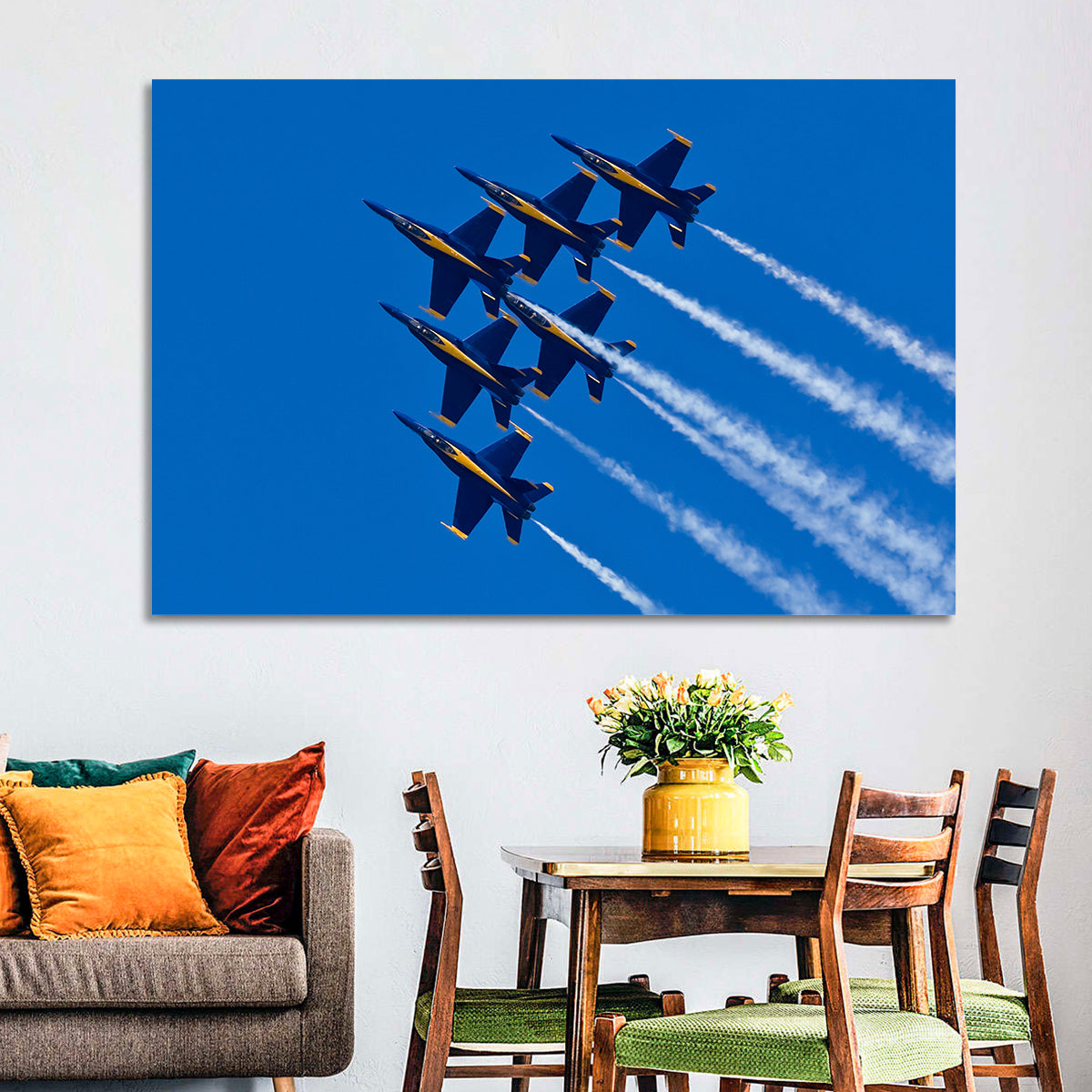 Blue Angels Delta Formation Flyover Wall Art in a room, landscape