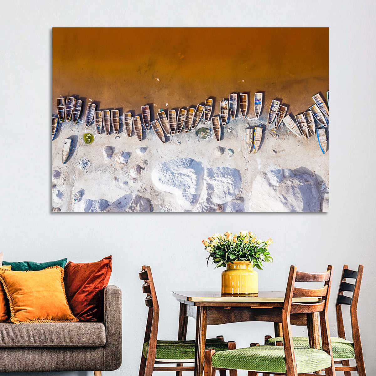 Lac Rose Boats Aerial View Wall Art in a room, landscape