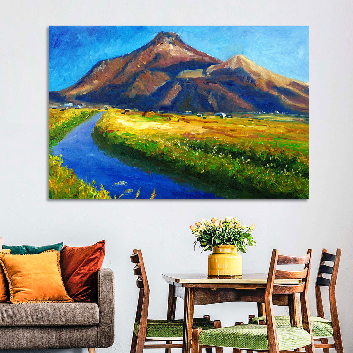 Mountain Village Stream at Golden Hour Wall Art in a room, landscape