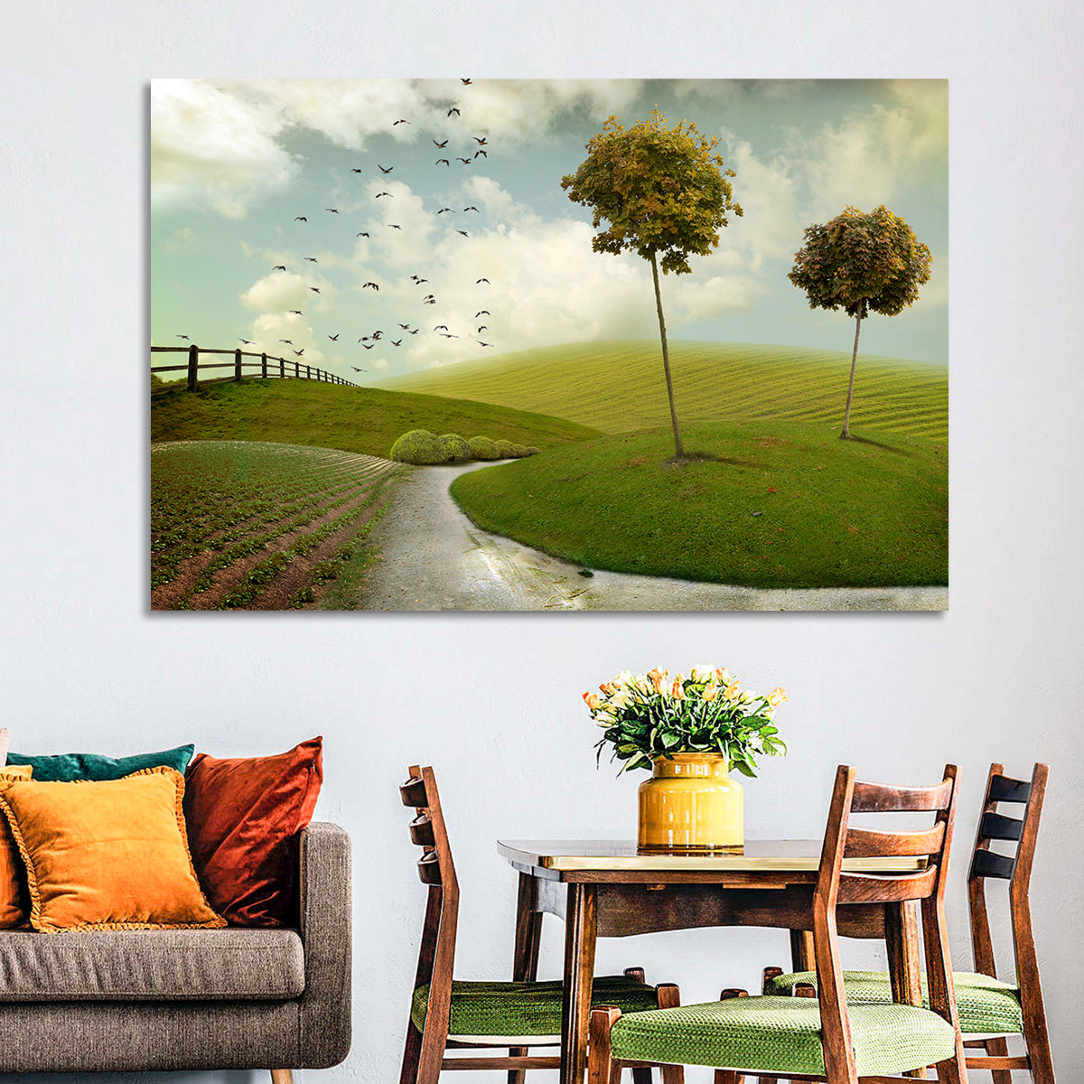 Serene Green Hills Pathscape Wall Art in a room, landscape