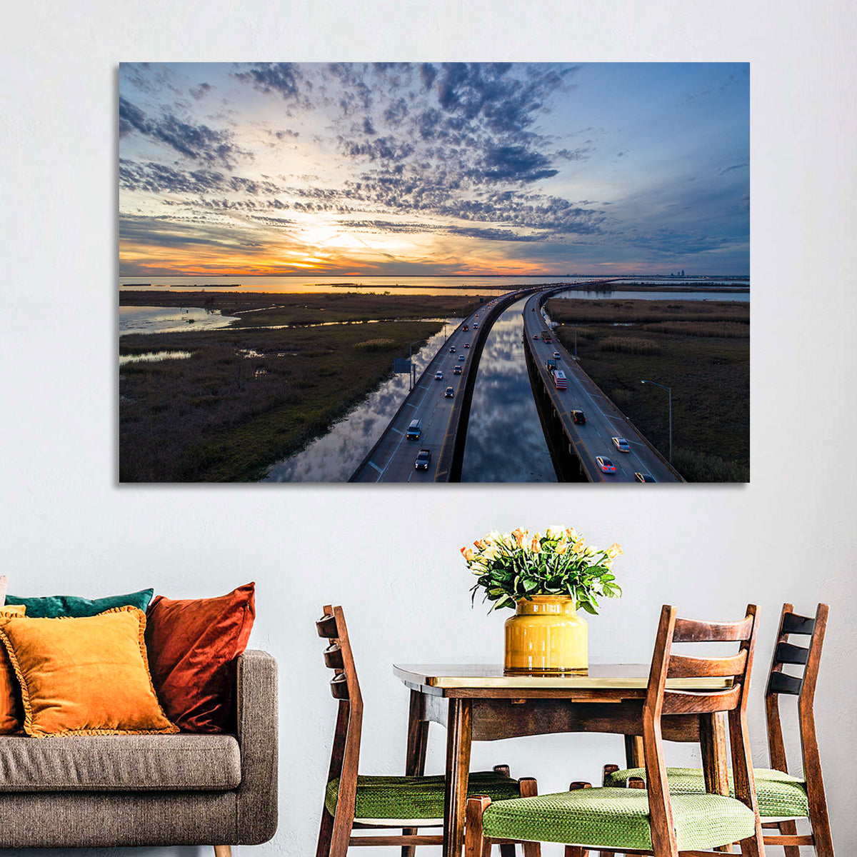 Mobile Bay Bridge at Sunset Wall Art in a room, landscape