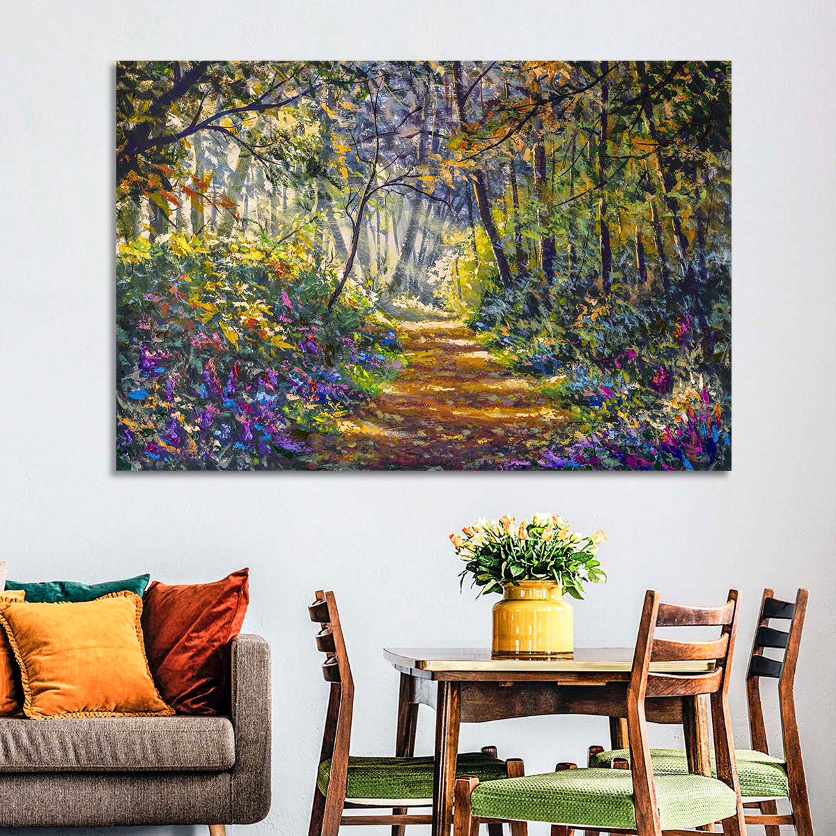 Sunlit Forest Path with Wildflowers Wall Art in a room, landscape