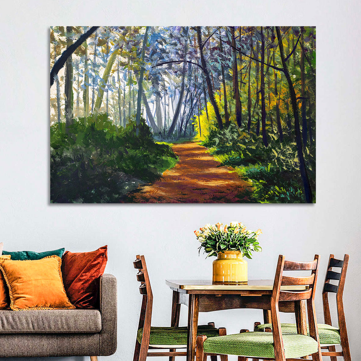 Sunlit Forest Alley Path Wall Art in a room, landscape