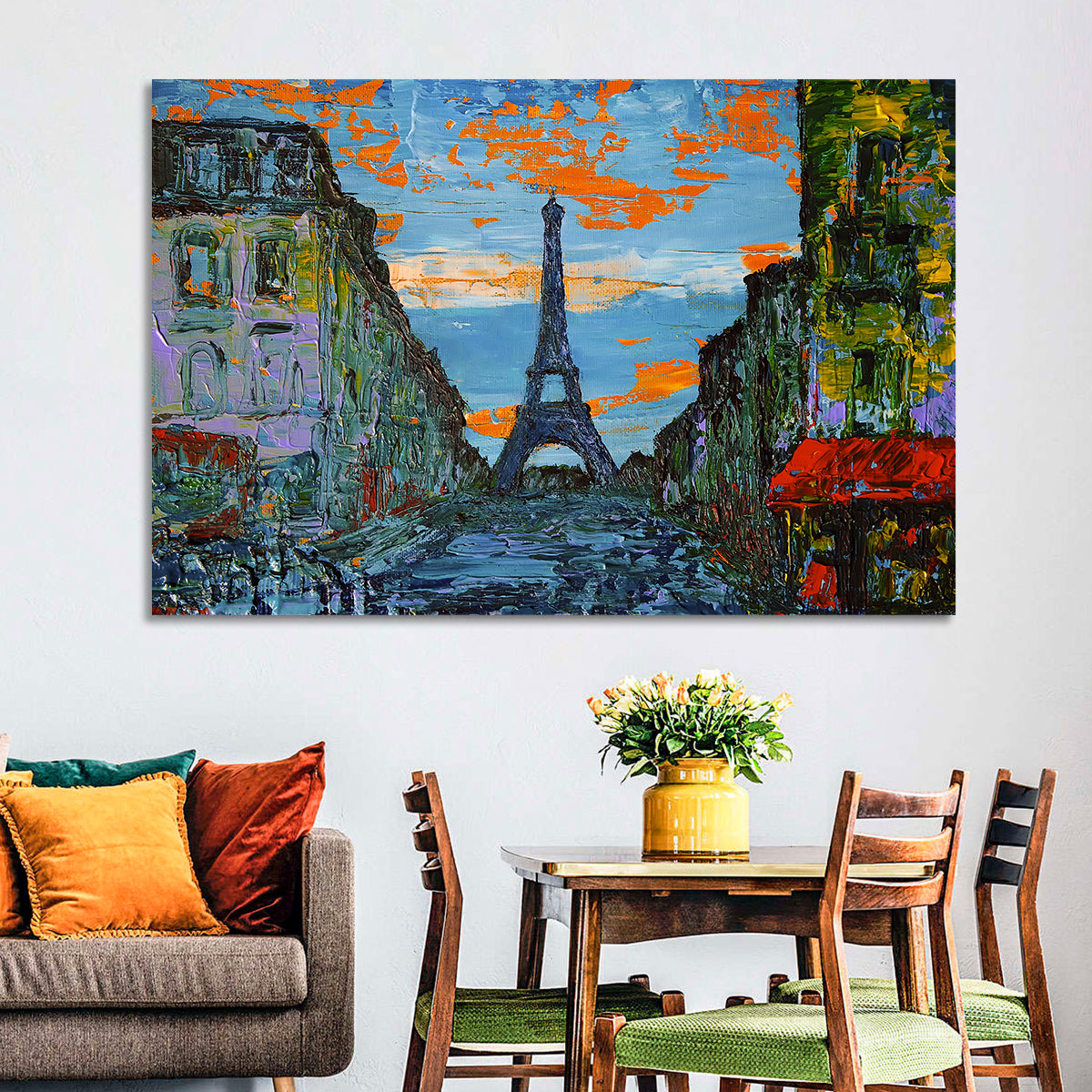 Paris Dusk Street, Eiffel Tower Wall Art in a room, landscape