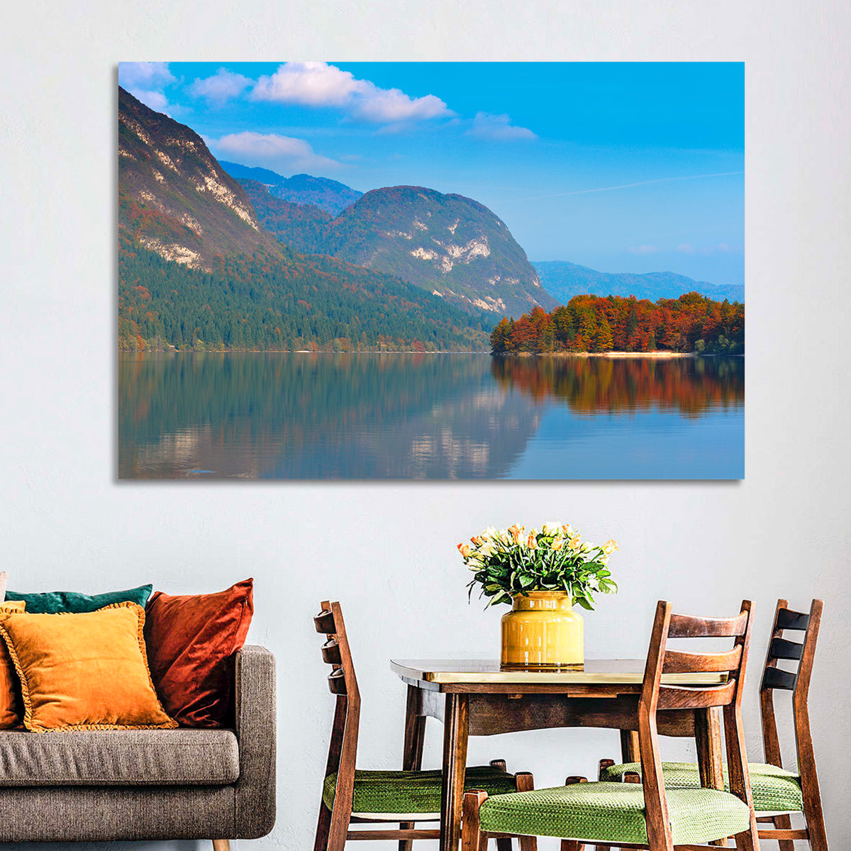 Lake Bohinj Autumn Reflection Wall Art in a room, landscape