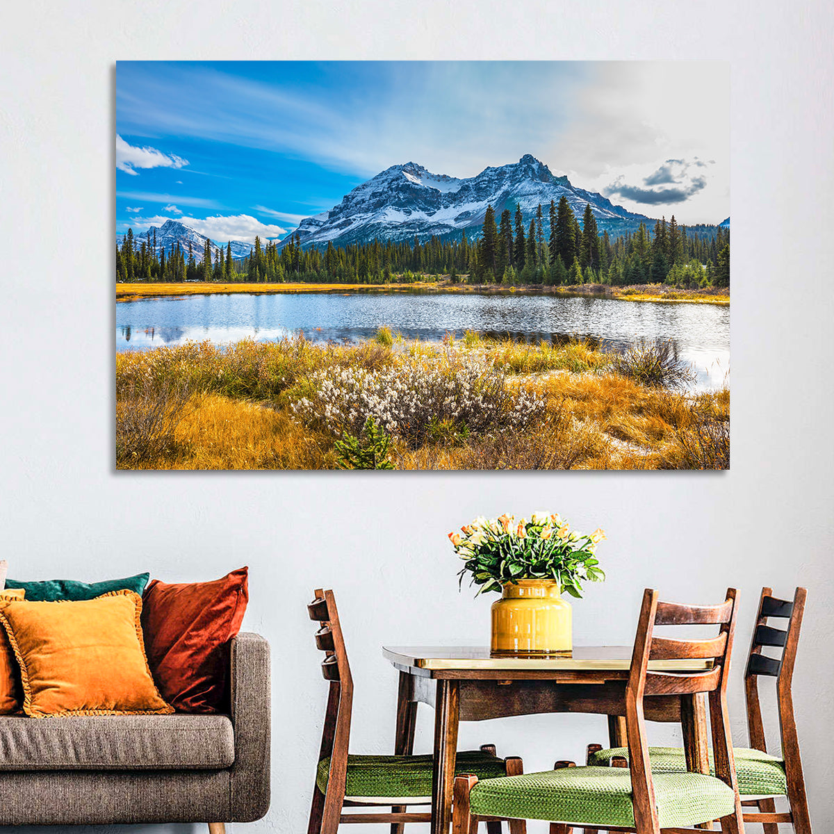 Rocky Mountain Lake Wall Art in a room, landscape