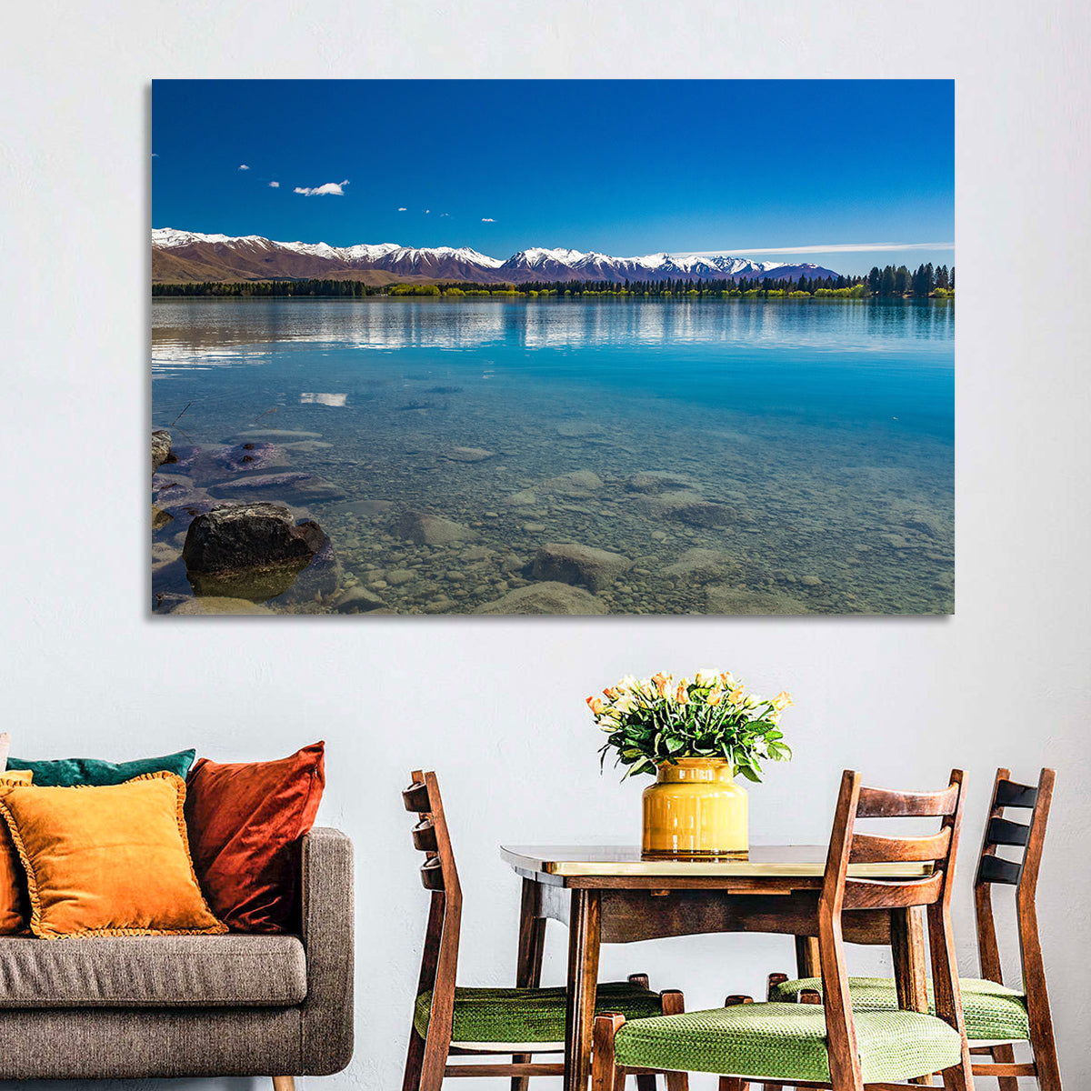 Lake Ruataniwha Reflection Wall Art in a room, landscape