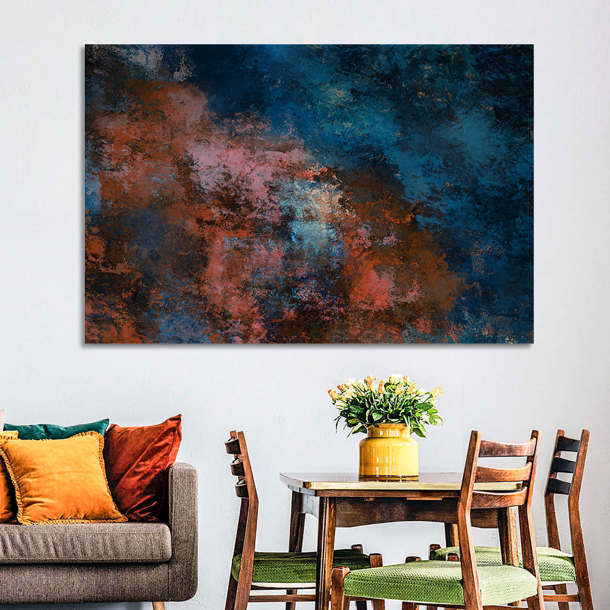 Blue to Rust Color Field Wall Art in a room, landscape
