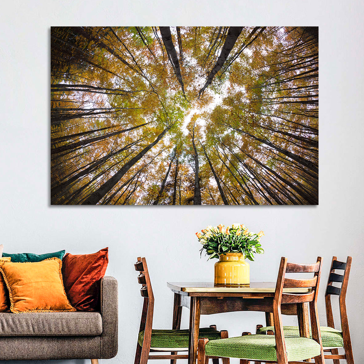 Autumn Forest Canopy Looking Up Wall Art in a room, landscape