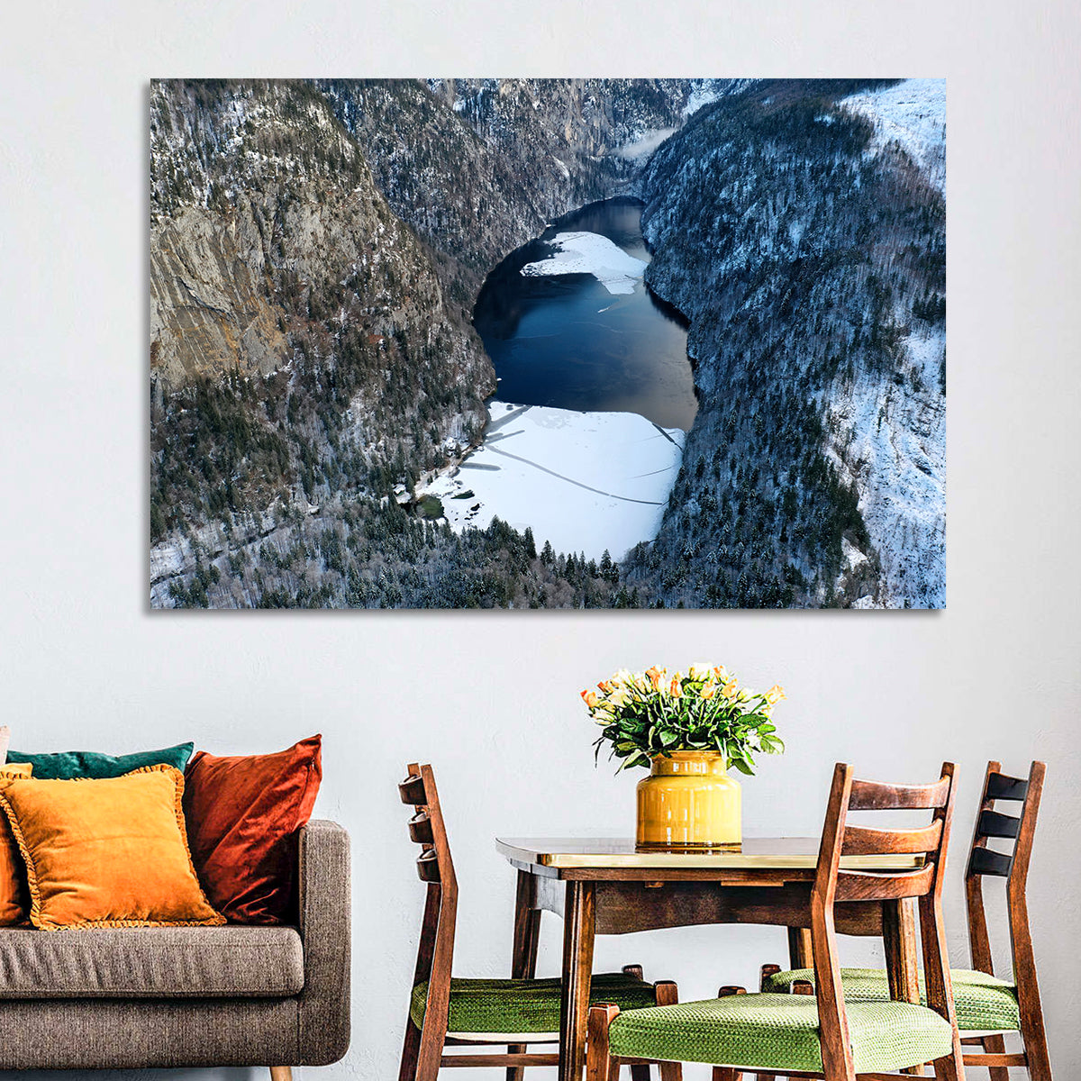 Toplitz Lake Winter Aerial Wall Art in a room, landscape