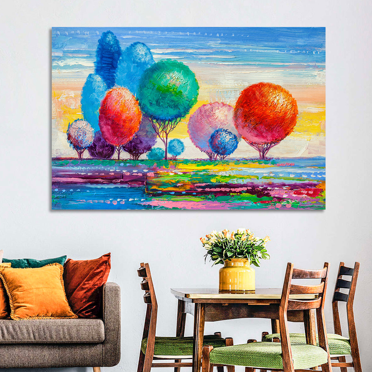 Autumn Trees at Sunset Wall Art in a room, landscape