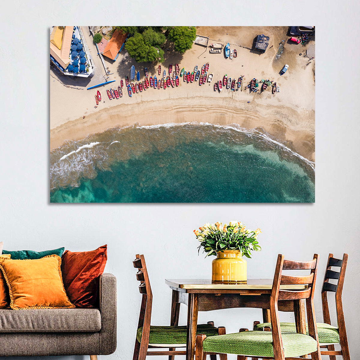Aerial Tarrafal Beach Fishing Boats Wall Art in a room, landscape