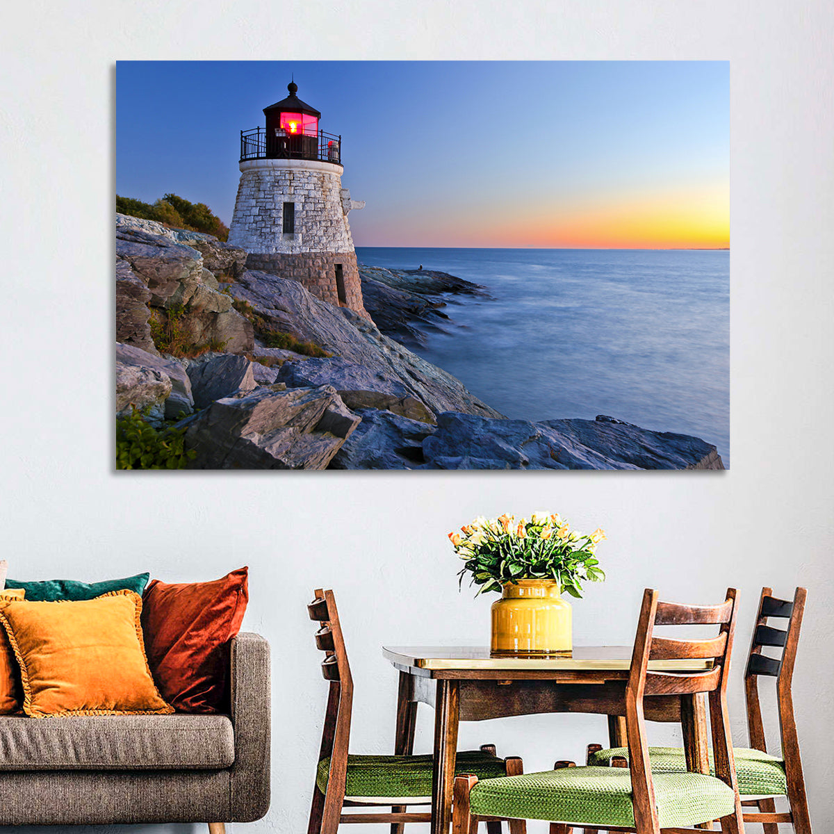 Castle Hill Lighthouse at Dusk Wall Art in a room, landscape