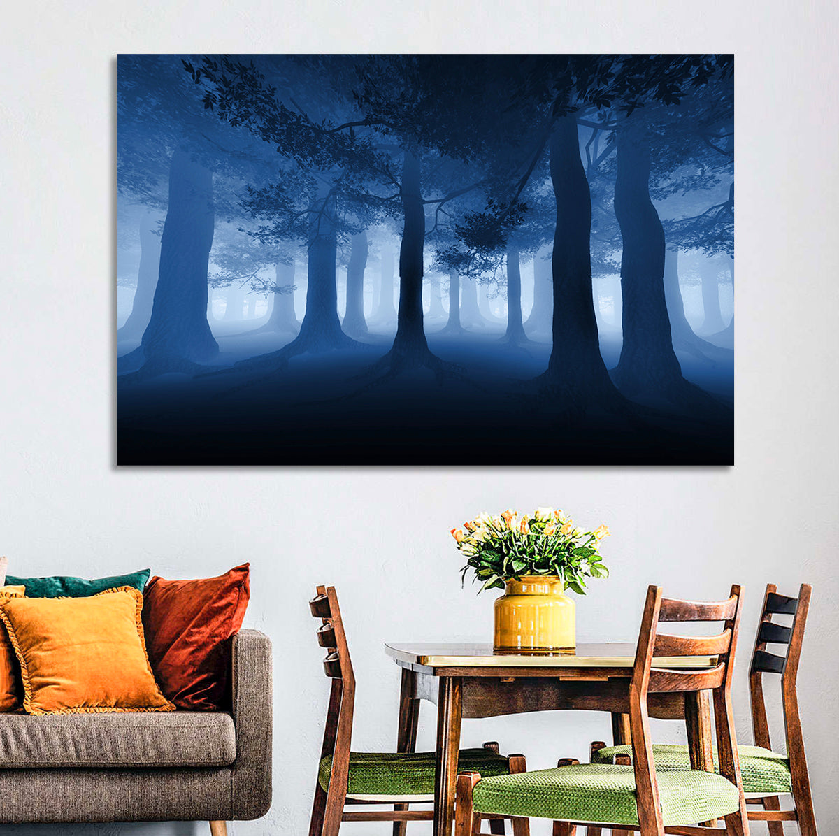 Midnight Blue Forest Wall Art in a room, landscape
