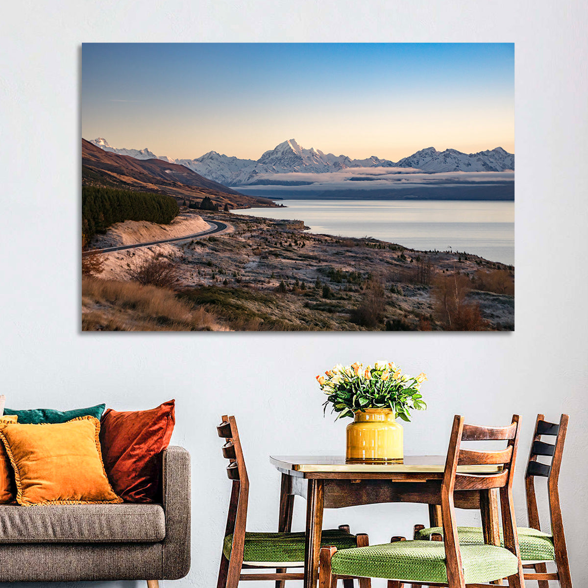 Mount Cook Over Lake Pukaki Wall Art in a room, landscape