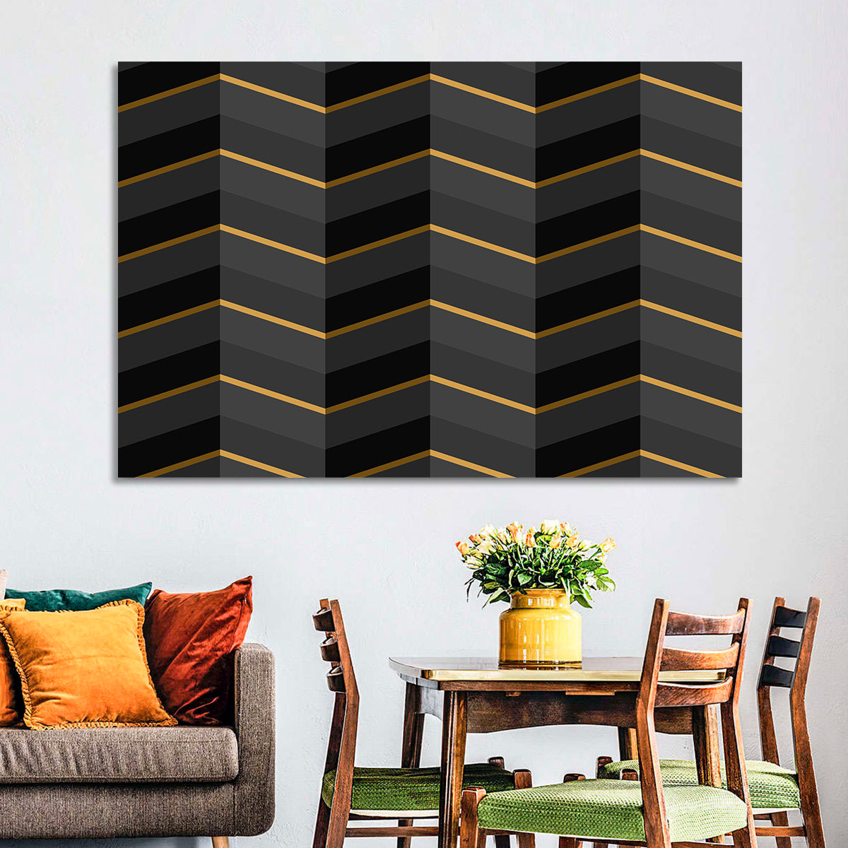 Black Stripes with Gold Accents Wall Art in a room, landscape