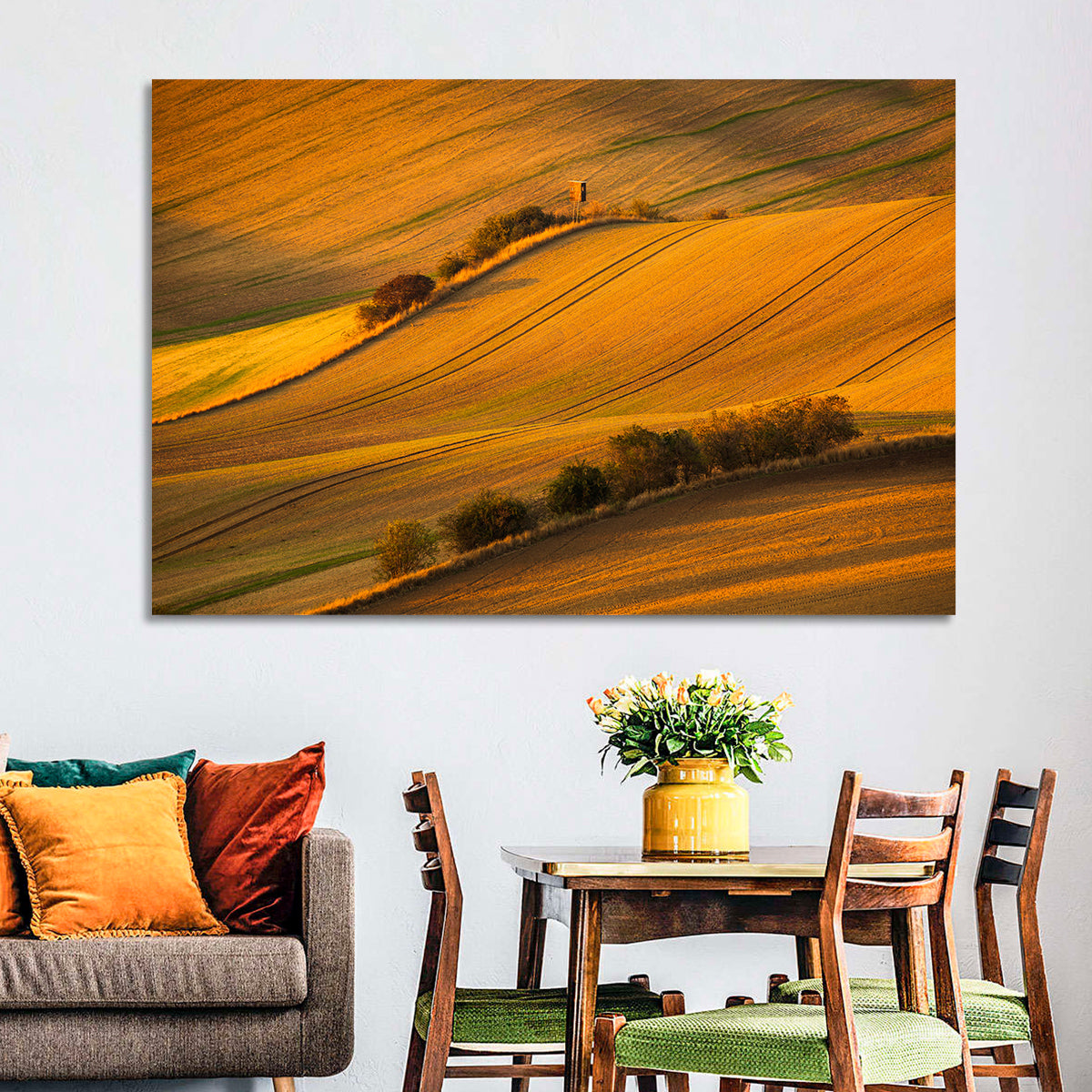 Golden Moravian Farm Tracks Wall Art in a room, landscape