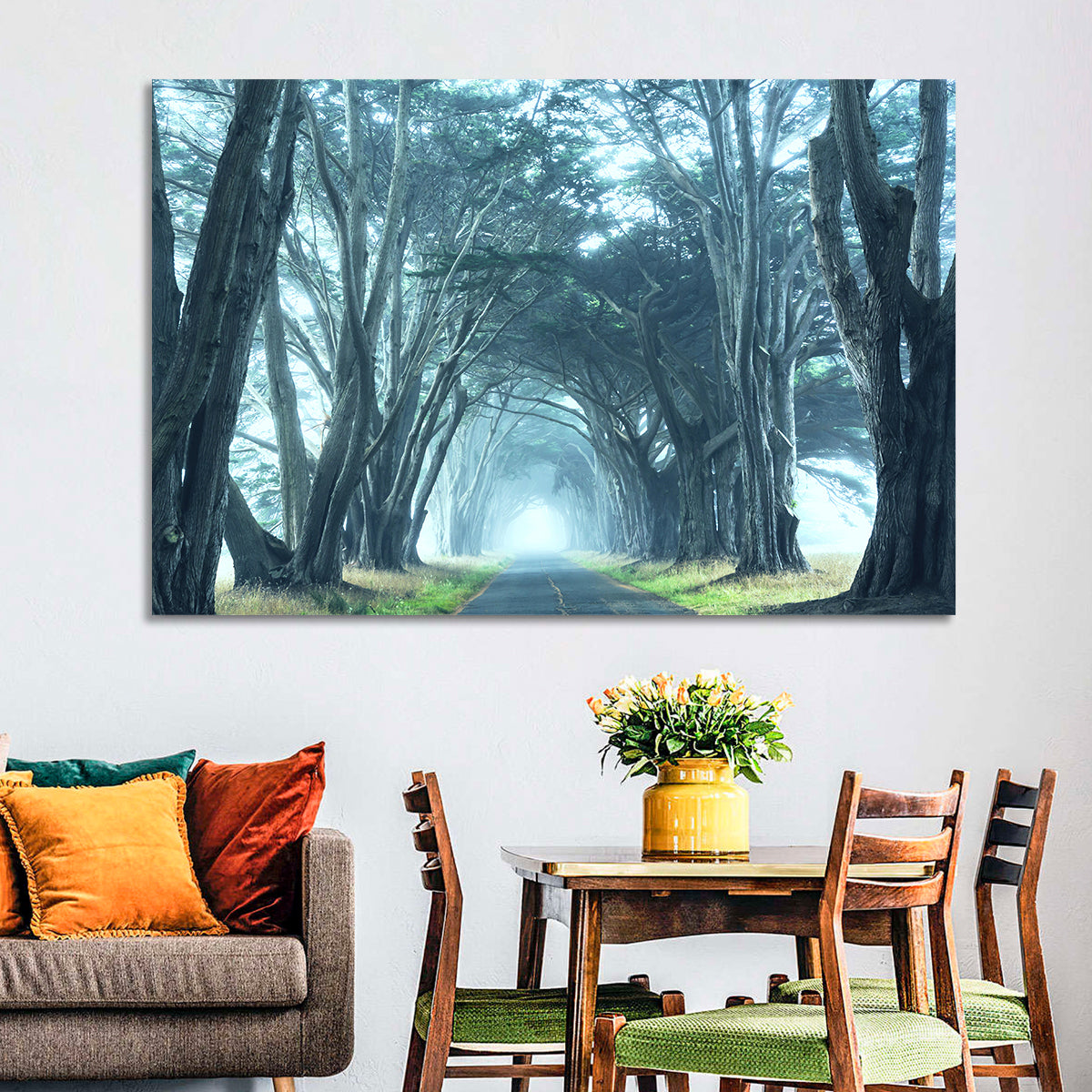 Foggy Cypress Tree Tunnel Wall Art in a room, landscape