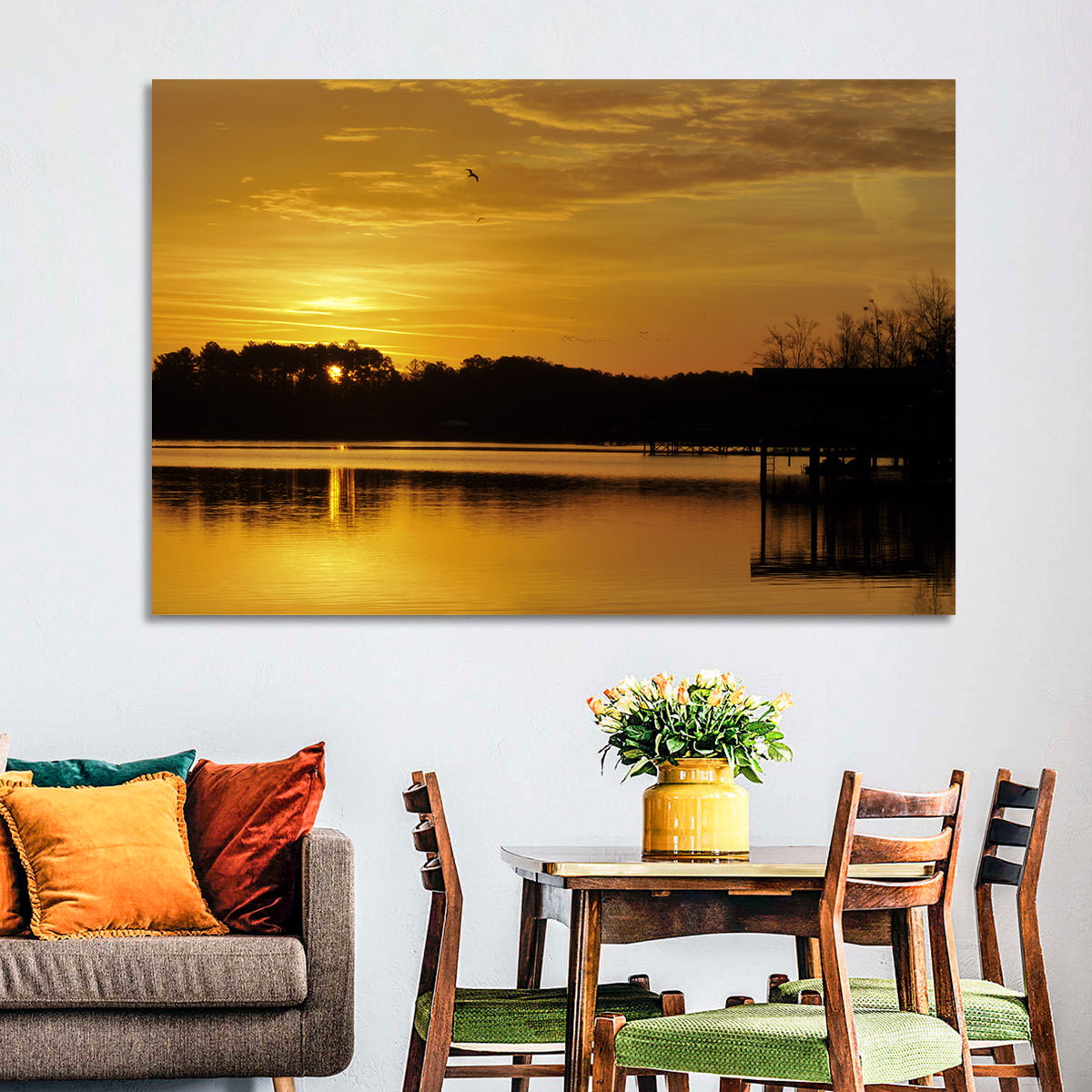Lake Weiss Sunset Reflection Wall Art in a room, landscape