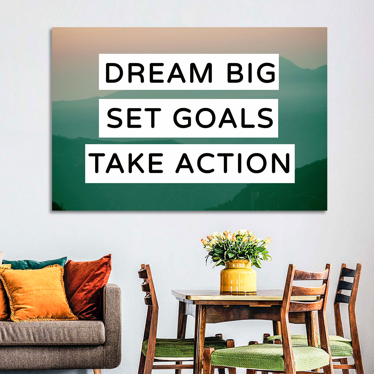 Dream Big Set Goals Wall Art in a room, landscape