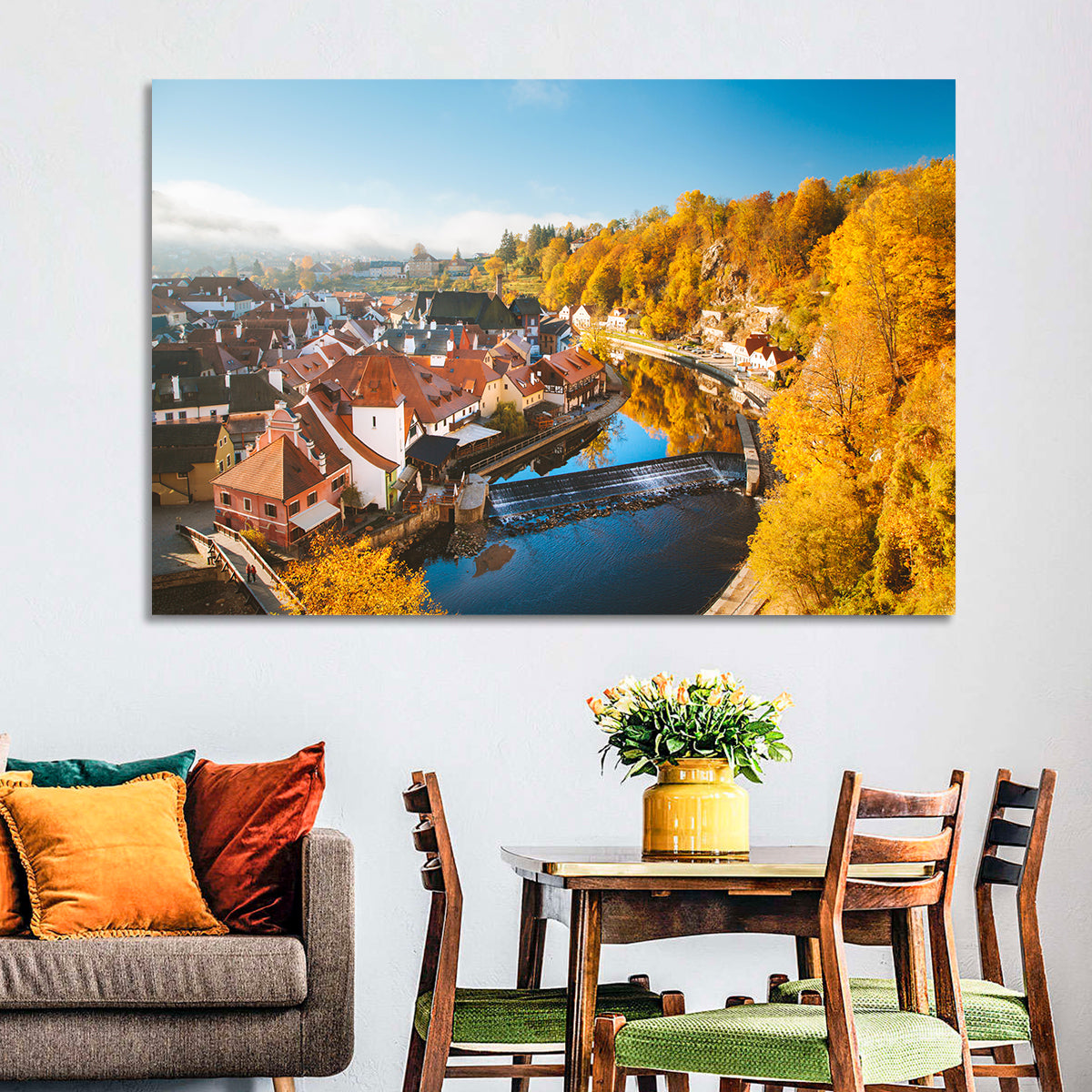 Český Krumlov River Weir in Autumn Wall Art