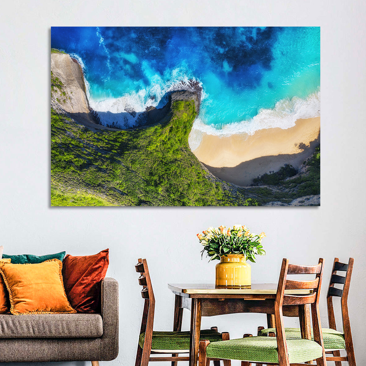 Kelingking Beach Cliffs Wall Art in a room, landscape