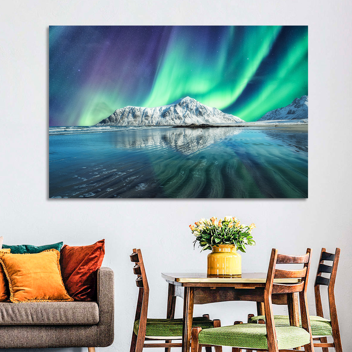 Aurora Over Skagsanden Beach Wall Art in a room, landscape