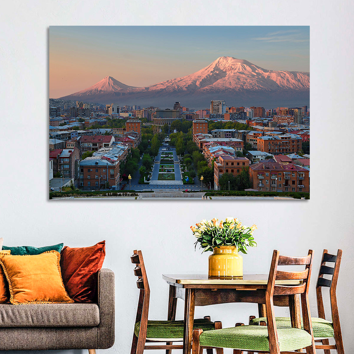 Sunset Over Mount Ararat from Yerevan Wall Art in a room, landscape