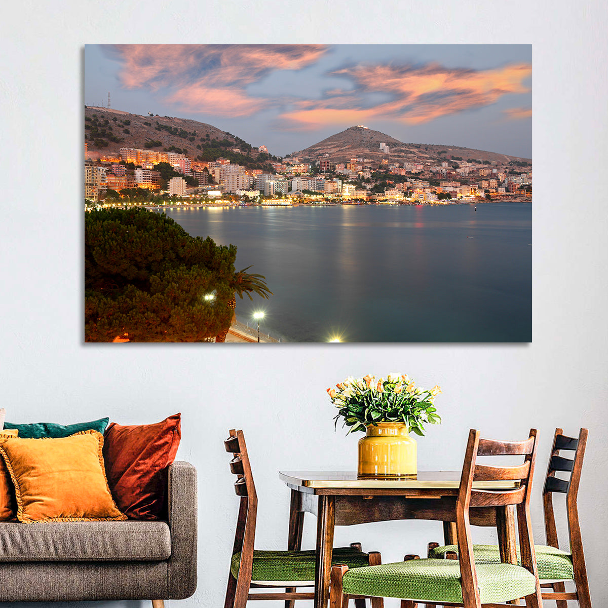 Sarandë Bay at Dusk Wall Art in a room, landscape