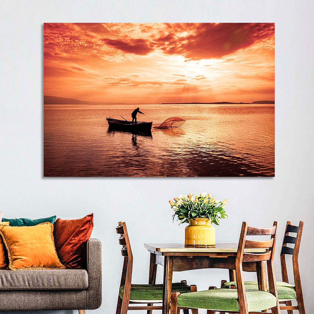 Uluabat Lake Fisherman at Dusk Wall Art in a room, landscape